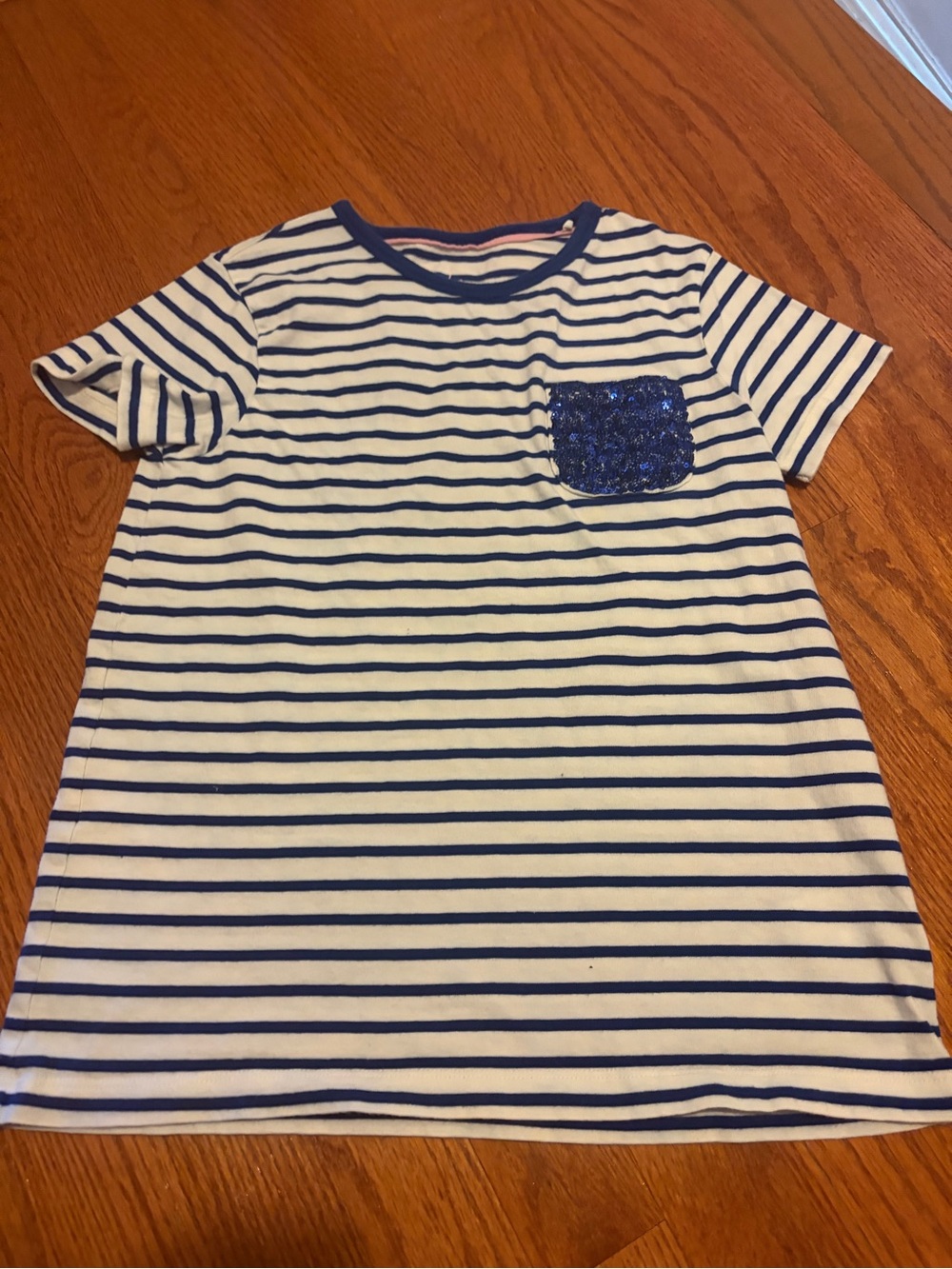 Girls Navy Stripe Sequin Pocket Tee